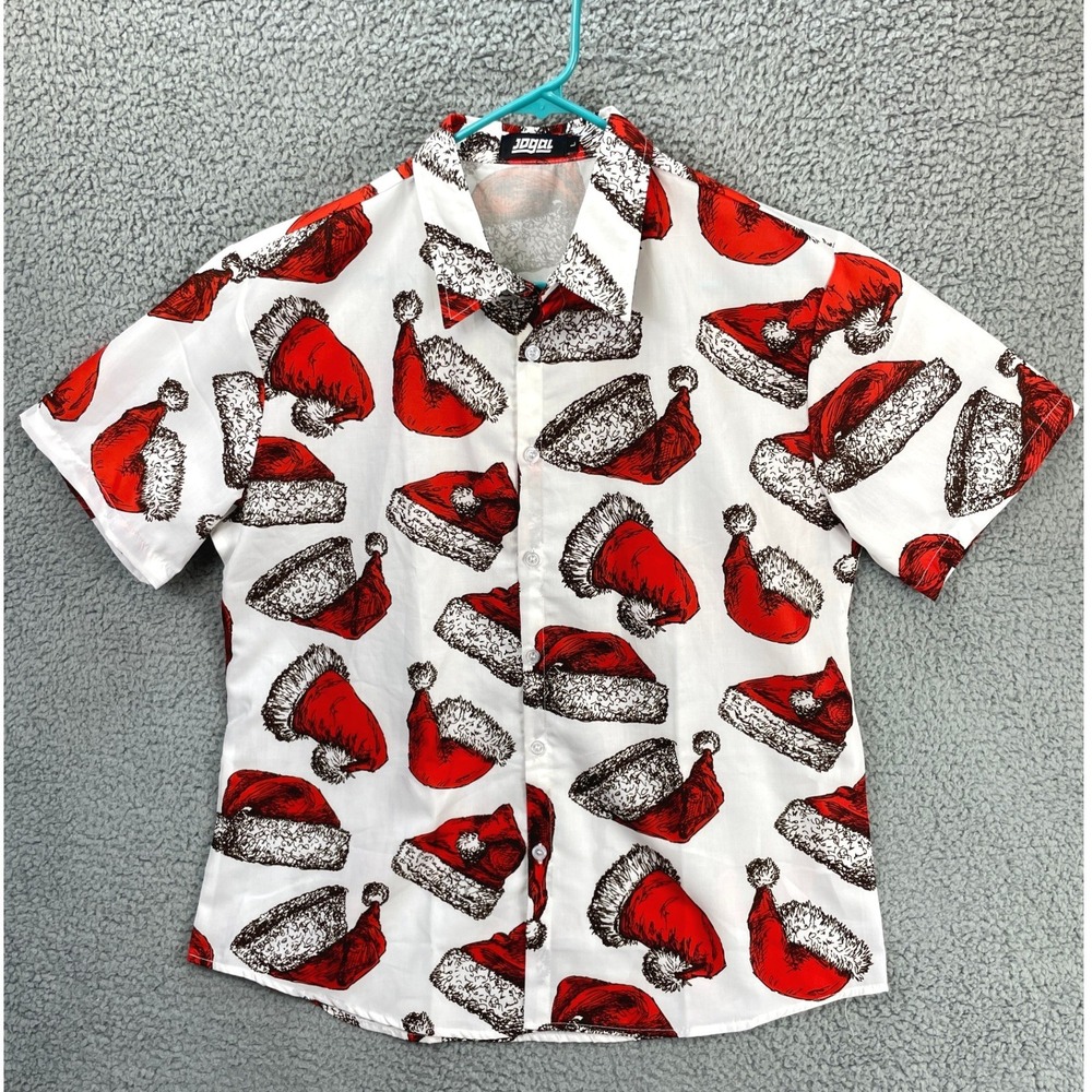 JOGAL Santa Hat Christmas Holiday Short Sleeve Button Up Shirt Mens L White
